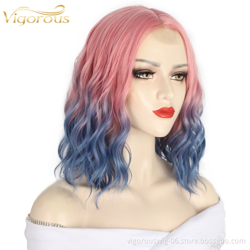 Vigorous High Quality Heat Resistant Ombre Pink To Blue Curly High Fiber Lace Front Cheap Women Wig Synthetic Hair